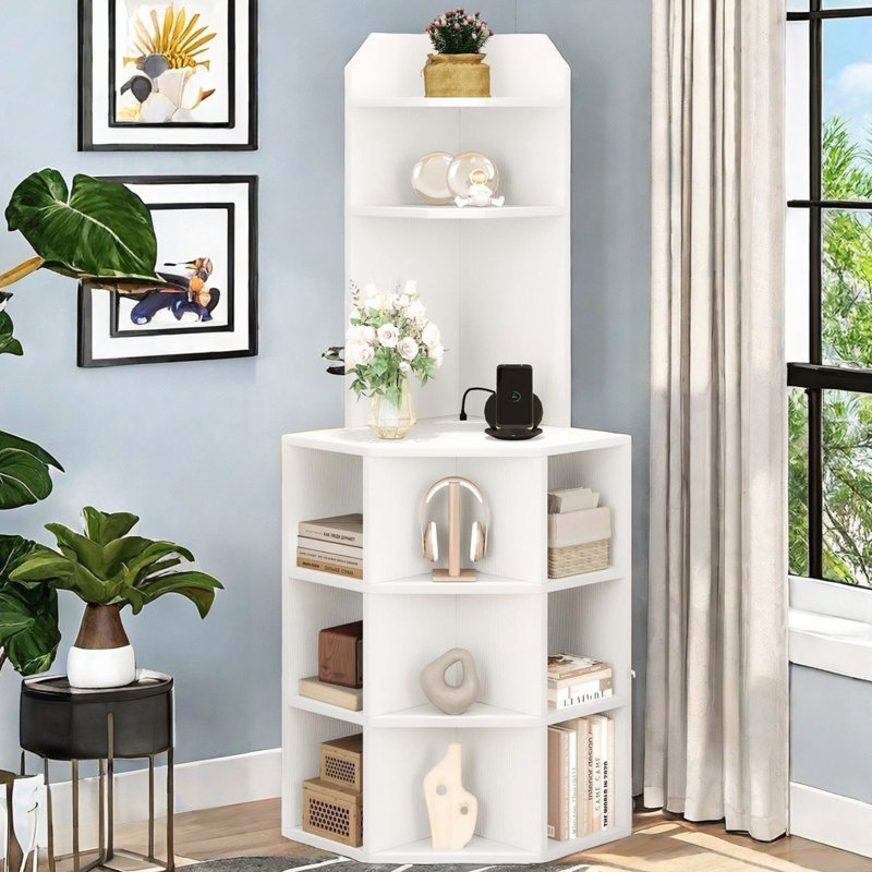 Darley 26.2" W Wood Corner Bookcase with Charging & Compartments, White