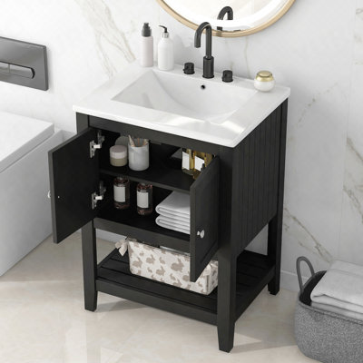 Lavabo de salle de bain moderne élégant en céramique noire 24 po avec tablette ouverte en bois massif