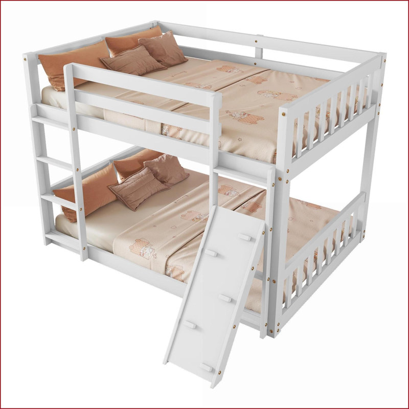 Twin Over Twin Solid Pine Floor Bunk Bed with Climbing Ramp &amp; Ladder, No Box Spring Needed, White Bedroom Furniture