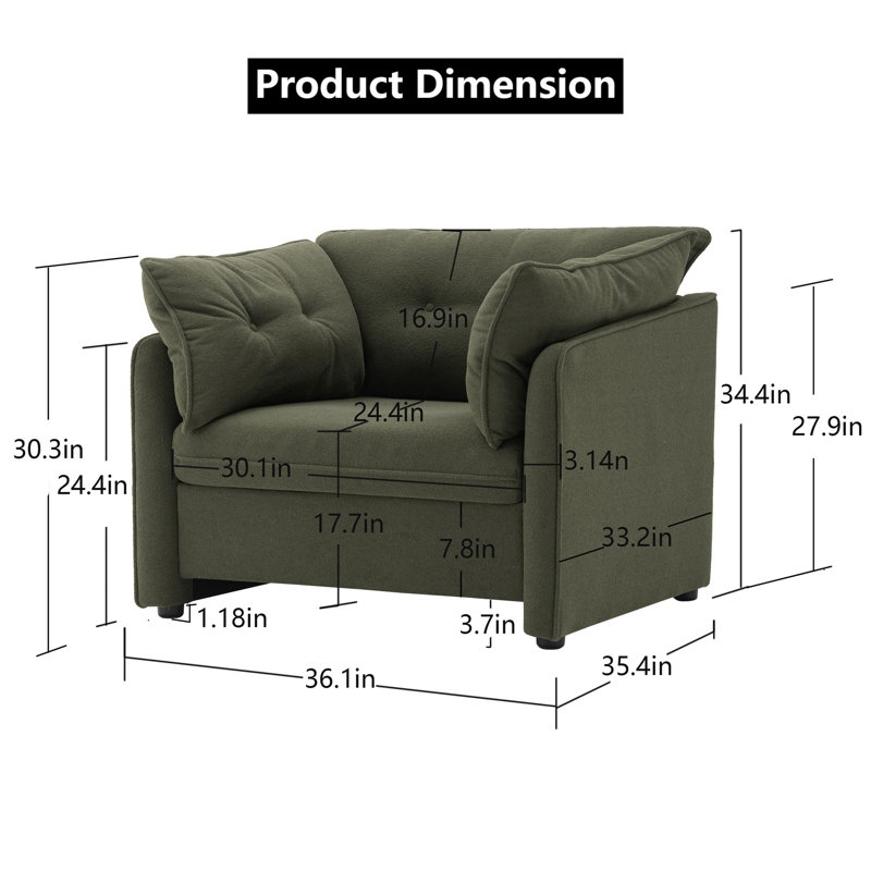 Fauteuil d'appoint surdimensionné en chenille vert avec pieds en bois - Chaise longue moelleuse pour le salon et la chambre à coucher