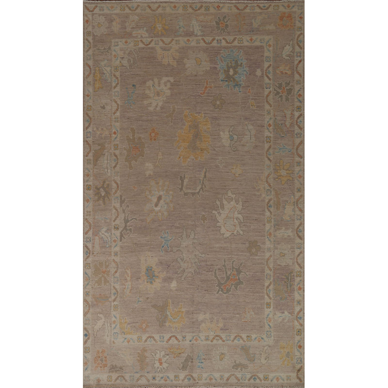 Tapis brun floral en laine noué à la main 5 pi 10 po x 9 pi 2 po Floral