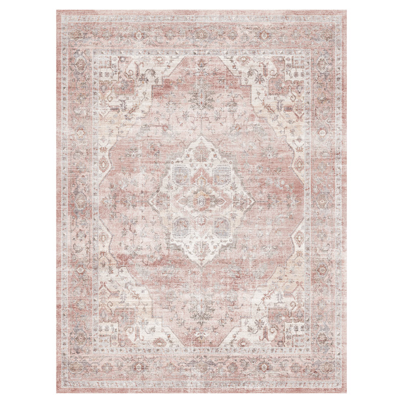 Tapis oriental lavable à la machine rose rétro pour le salon, la chambre à coucher, Rose / ivoire / gris