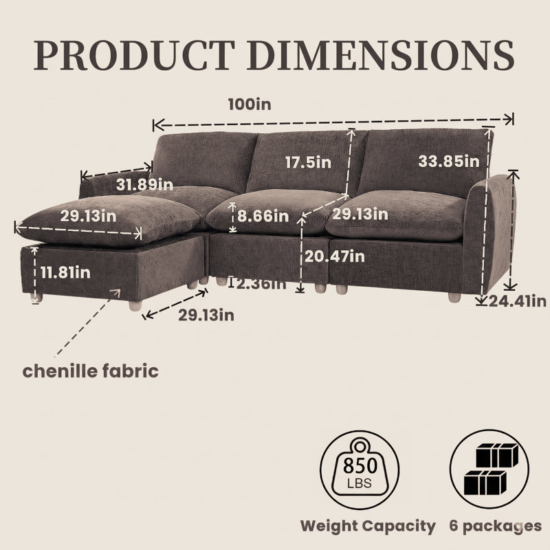100" Modular L-shaped Sectional Sofa, Chenille Couch With Movable Ottoman For Living Room, Chenille - Gray
