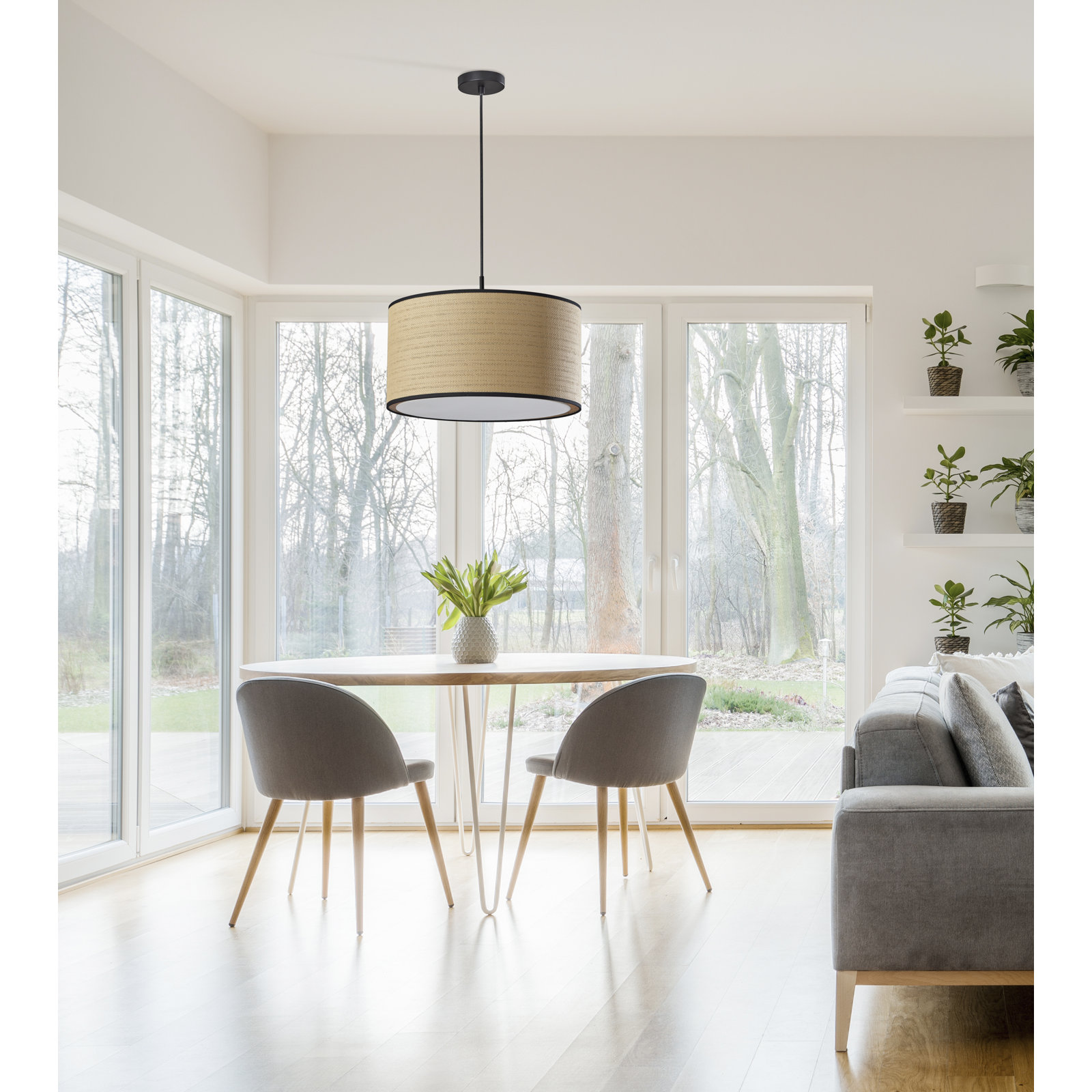 Kinnear Single Light Pendant, Black, Natural/Black Trim/White