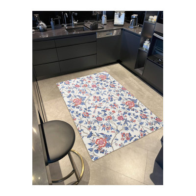 Tapis décoratif moderne lavable à la machine à motif de lierre et de fleurs bleu et rouge