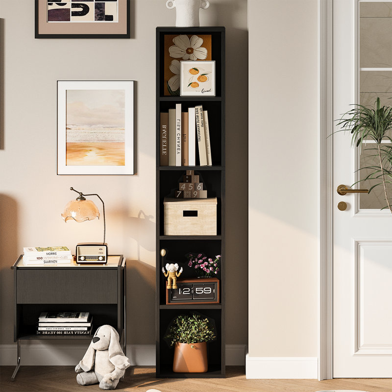 Imron Narrow Bookcase, Tall Corner Bookshelf for Bedroom, Living Room, Study, Black, (5 Shelves) 59.4" H x 11.8" W x 9.3" D