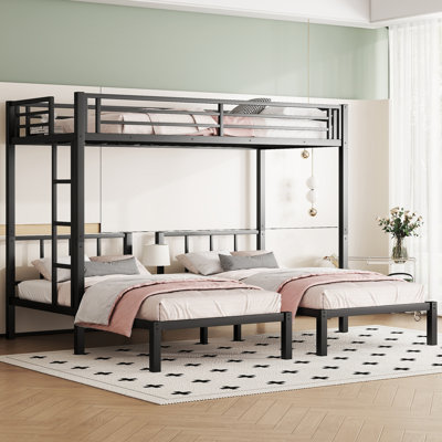 Twin XL Over Twin Over Twin Bunk Bed with Guardrails,Metal Triple Bunk Bed with Detachable L-Shape Design,Space-Saving Beds frame for Growing Families,large population family,Noise-free design,No Box Spring Needed,Black.