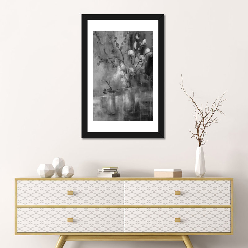Floral argent, H 24 po x l 16 po, Papier noir avec cadre d'angle ouvert, Noir / blanc