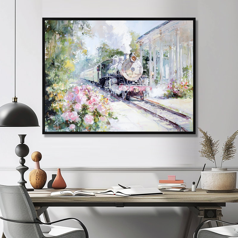 Trains, scène amusante de jardin excentrique II - train, art mural, H 30 po x l 40 po, Noir