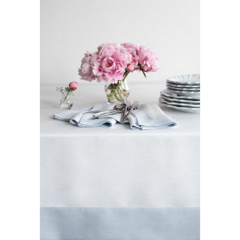 Contempo - 100% Pure Linen Tablecloth, Light Blue/White, 90" x 60"