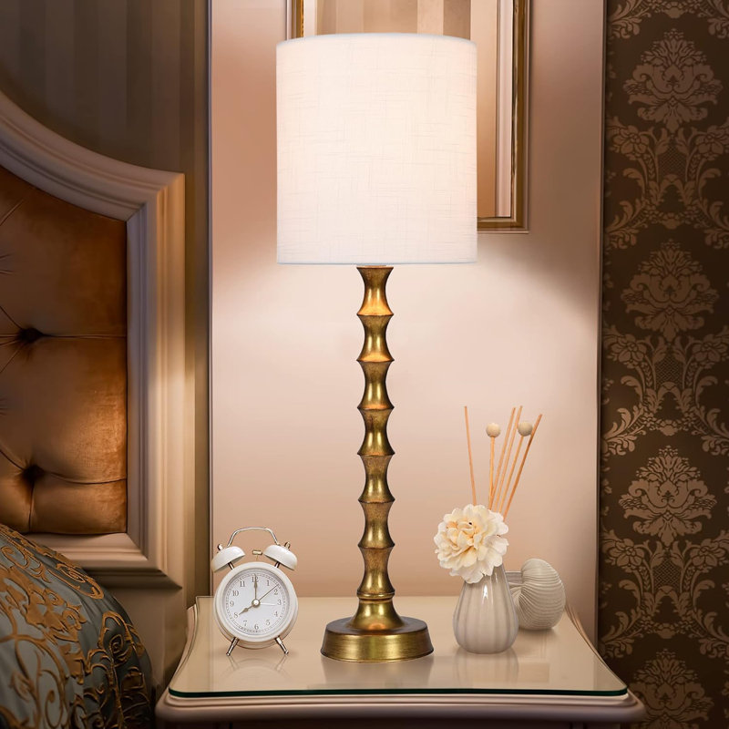 30.5" Gold Bamboo Candlestick Buffet Lamps with White Shades