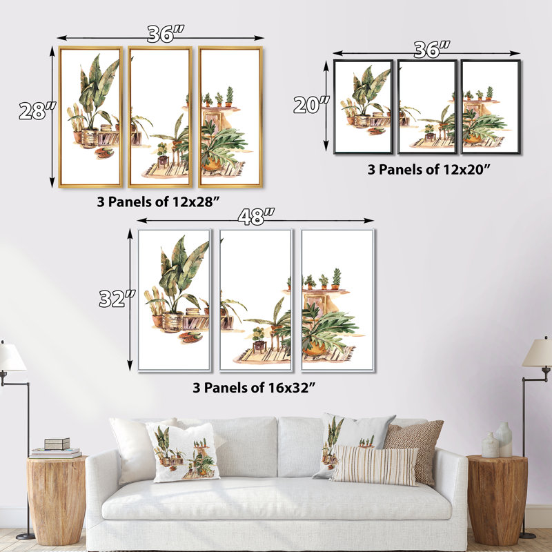 Plantes d'intérieur d'intérieur Urban Jungle III - 3 pièces, reproduction sur toile, H 32 po x l 48 po x P 1 po, Cadre noir