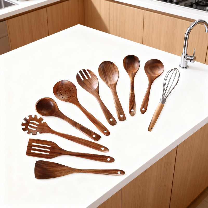 Ensemble d'ustensiles en bois de teck naturel 10 pièces pour la cuisson, cuillères et spatules antiadhésives avec prise confortable pour une utilisation quotidienne