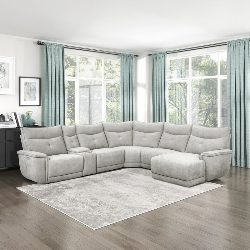 Canapé modulaire inclinable électrique 6 pièces Achernar, Orienté à droite, Mélange de polyester gris brume