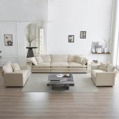 Sofa Set Of 3, 1+1+3 Seats Living Room Sofa Set, Accent Chair, Loveseat, And Three-Seat Sofa Modern Style Round Arms 3 Piece Sofa Set, Light Coffee  Chenille