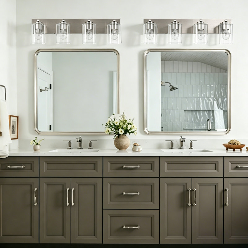 4-Light 25.5 in. Brushed Nickel Vanity Light with Clear Square Glass Shades, Brushed Nickel, 4 Lights