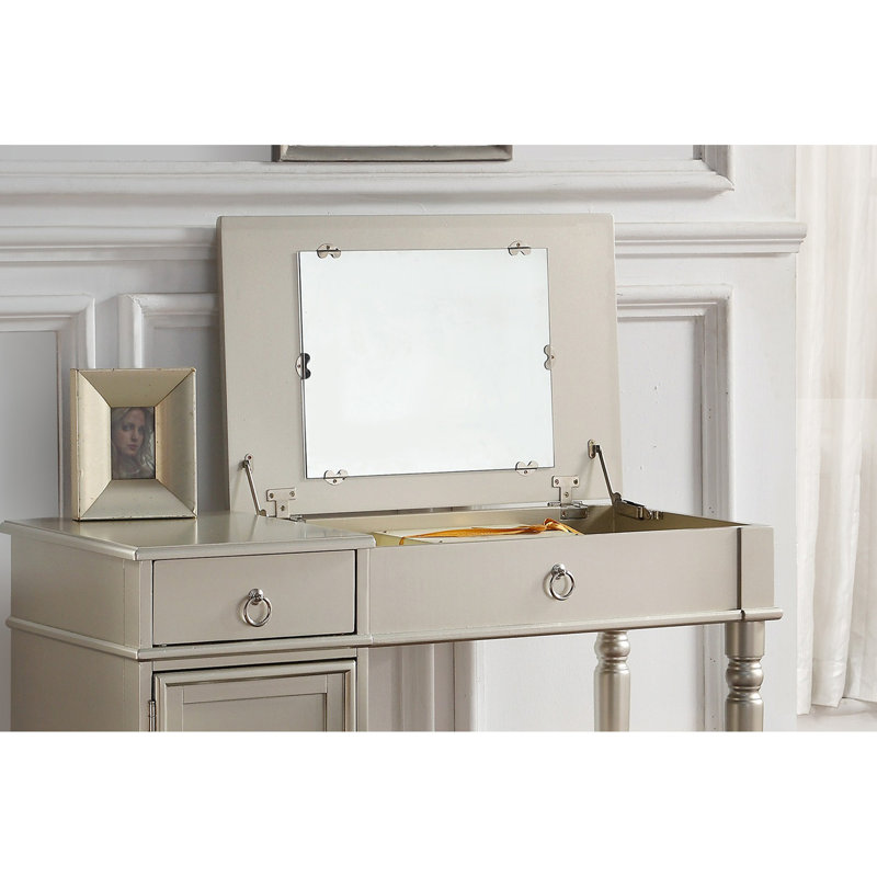 Ensemble de meuble-lavabo de chambre à coucher avec tabouret à tiroirs ouverts, Silver, Silver