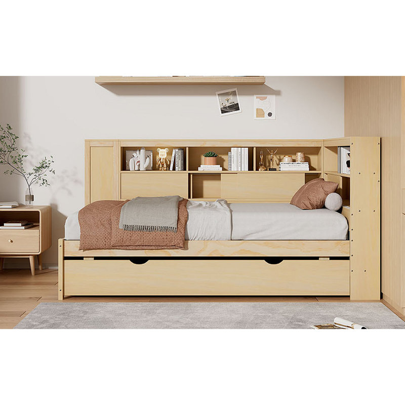 Lit de jour en bois avec tablettes de rangement, USB et lit gigogne, Naturel
