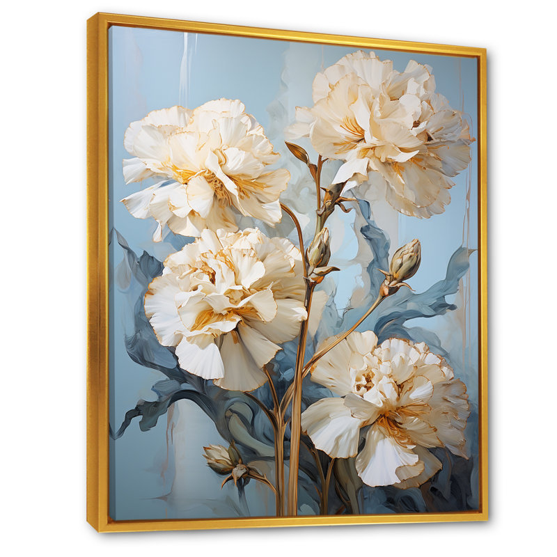 Œillets beiges sur bleu V sur toile, Cadre flottant doré, H 44 po x l 34 po x P 1,5 po