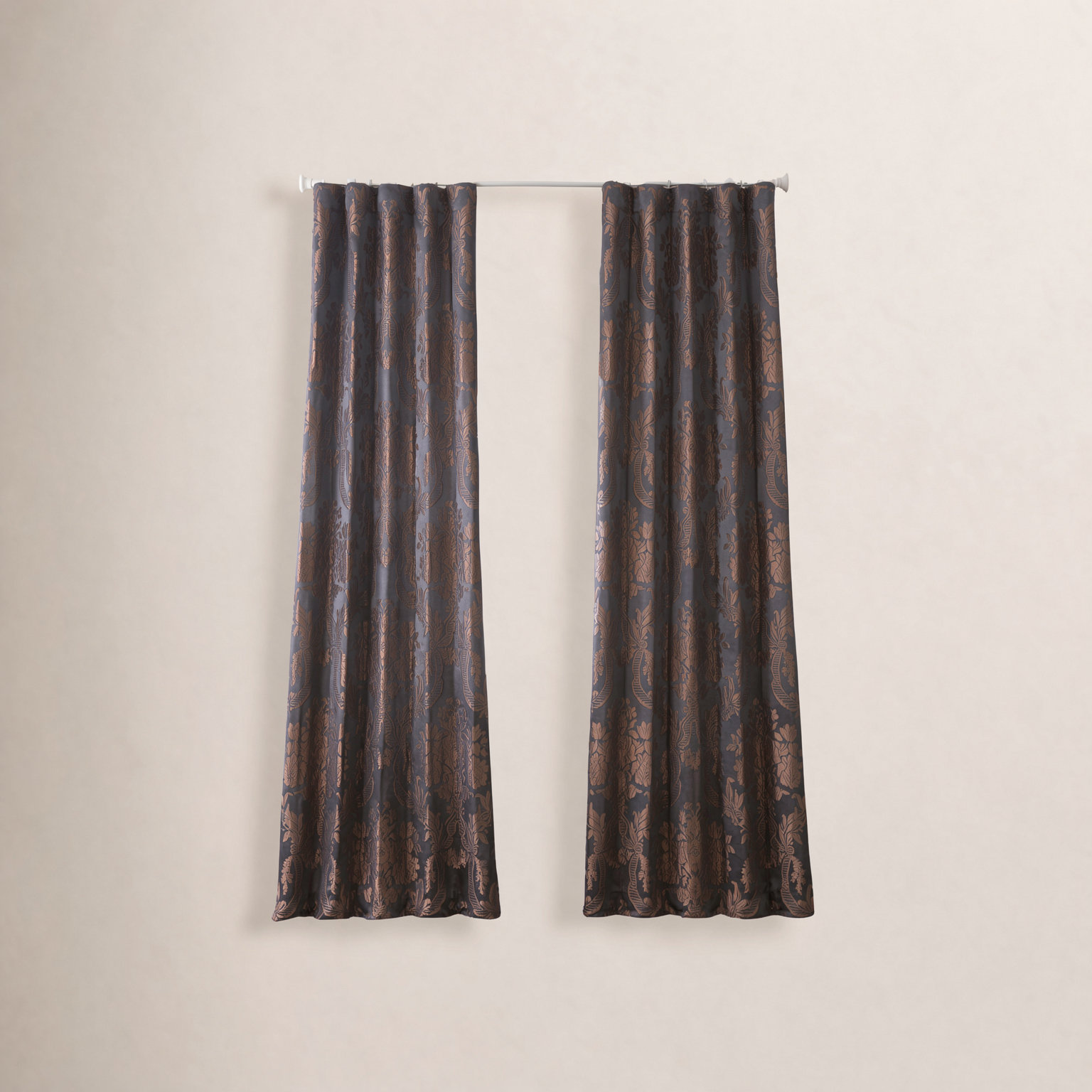 Ballsallagh Floral Faux Silk Room Darkening Curtain Panel, Black/Cognac, 50" W x 84" L