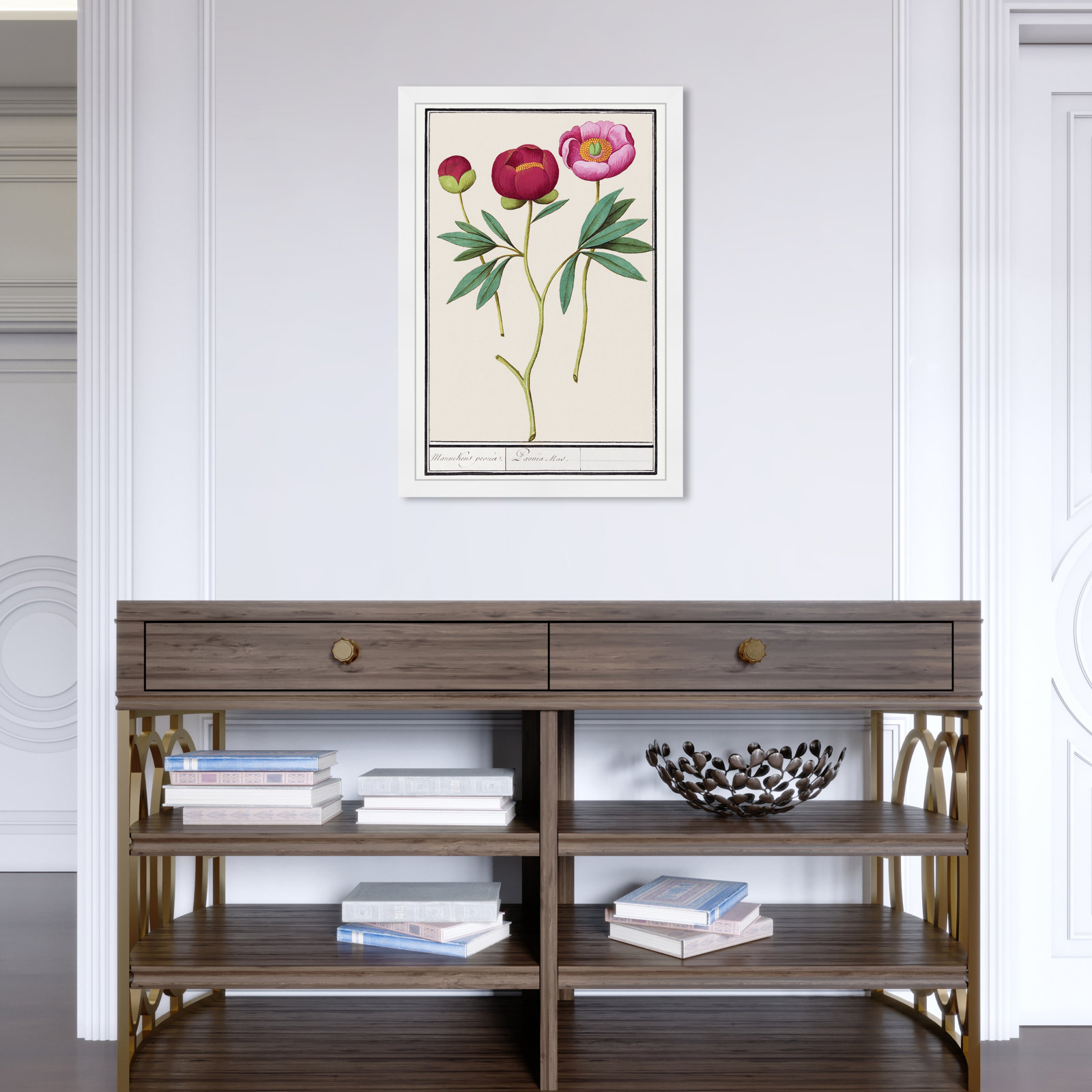 Red and Pink Peony Botanical Study Print, White, 26" H x 18" W