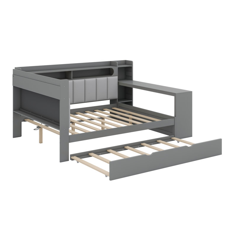 All-in-One Sleep and Study Daybed with Upholstered Backrest, Bookcase, Pull-Out Guest Bed, Power Hub, and Ambient LED Strips