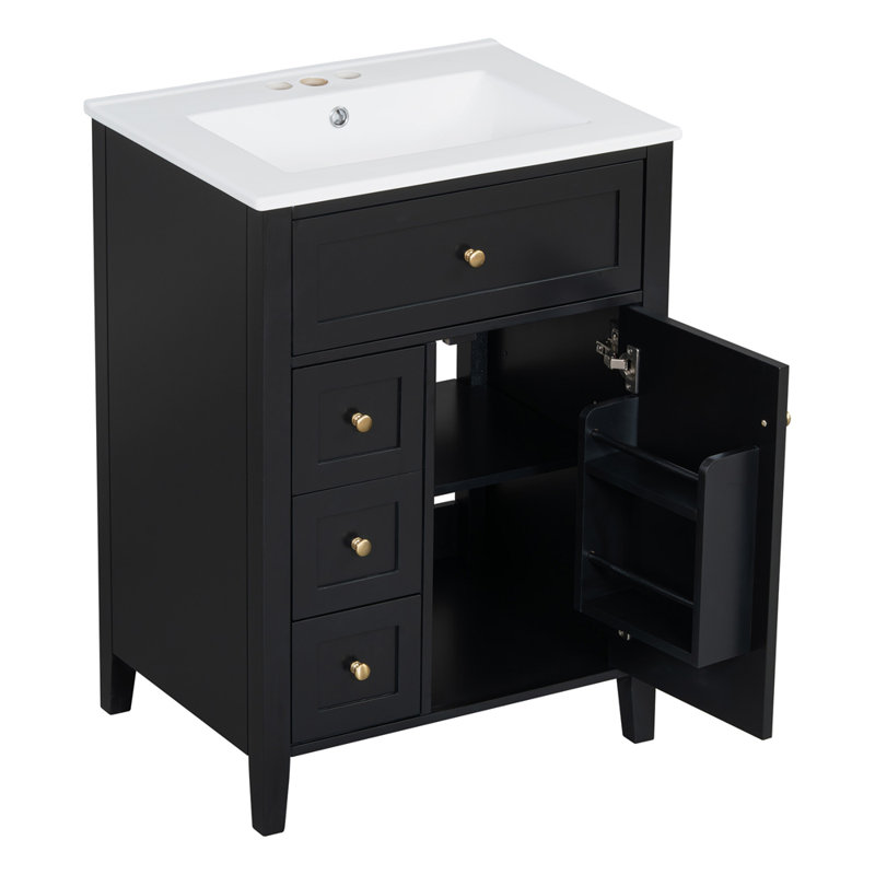 Meuble-lavabo 24 po avec lavabo, 3 tiroirs et armoire avec tablettes réglables 24 po, Noir