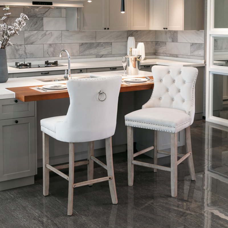 Contemporary Velvet Upholstered Barstools With Button Tufted Decoration And Wooden Legs, And Chrome Nailhead Trim, Leisure Style Bar Chairs,Bar Stools, Set Of 2 (Beige),SW2002BG(Dining Set)