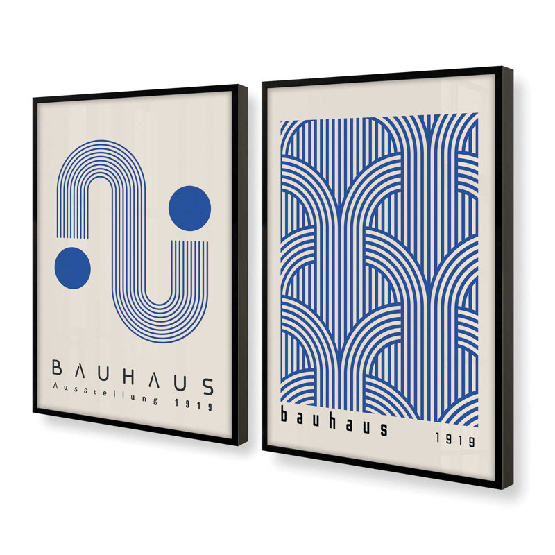 Blue Bauhaus Duo, ensemble de 2 impressions roulées, Cadre noir satiné, H 15,5 po x l 23,5 po x P 1,25 po