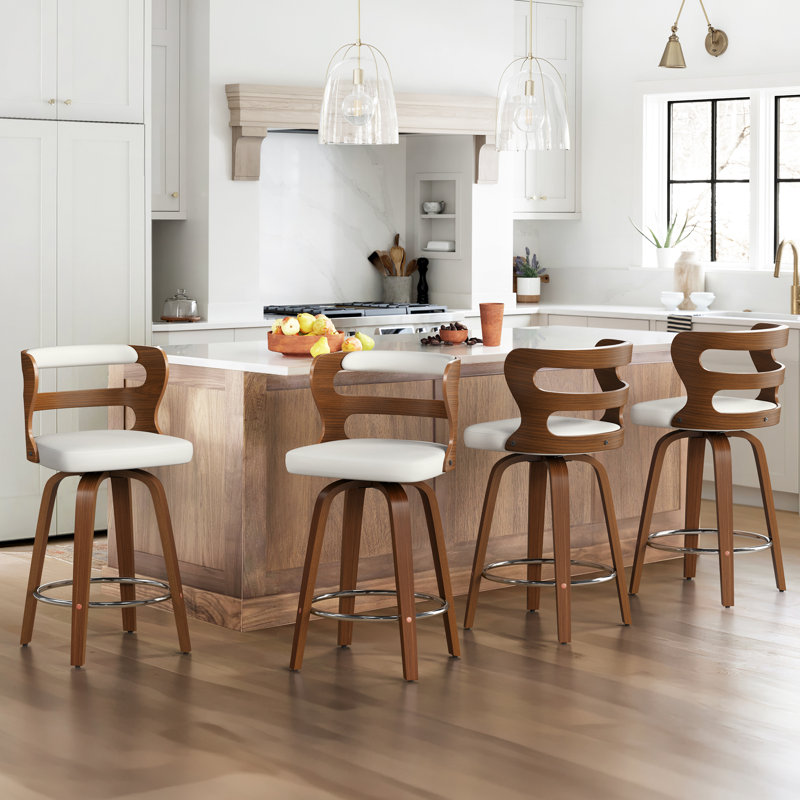 Myrtis Swivel Upholstered Bar Stool (Set of 4) , White/Walnut