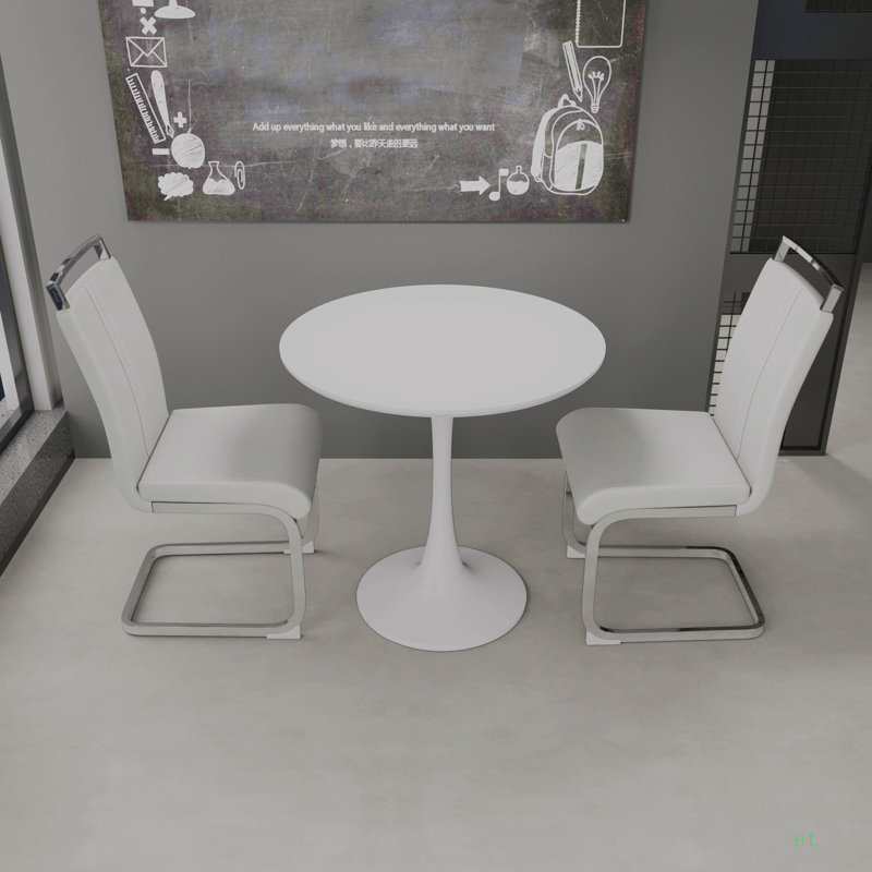 Table de salle à manger 31,5 "en noyer circulaire, table de salle à manger, table de salle à manger pour la cuisine, plateau et base en panneau de fibres à densité moyenne et ensemble de 2 chaises de salle à manger en métal noir