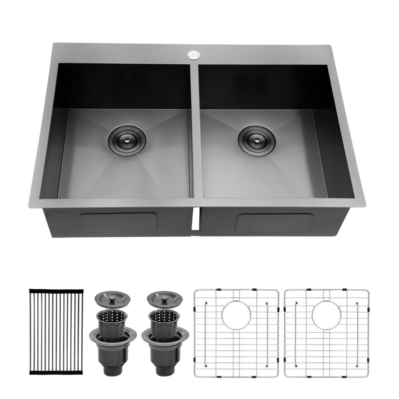 Évier de cuisine à double cuve encastrable en acier inoxydable 33 po L