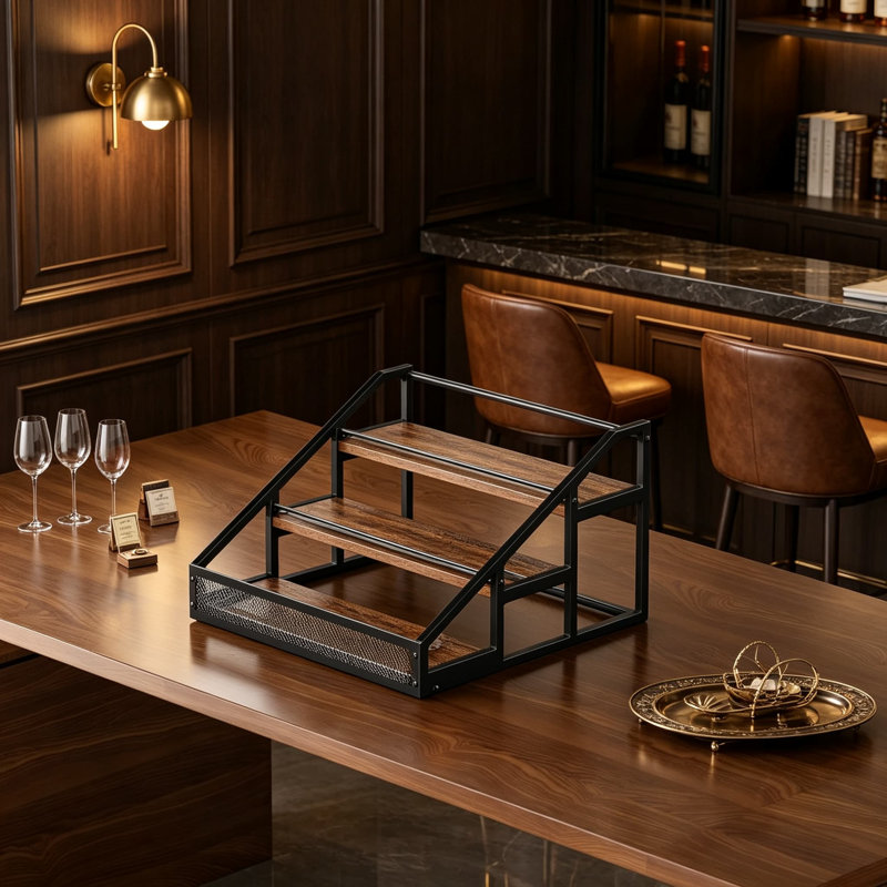 Étagère à trois niveaux pour bouteilles de boissons alcoolisées, support à vin de comptoir et rangement pour bouteilles de whisky et spiritueux, tablettes de bar rétro avec support, mini armoire à boissons pour bar à domicile