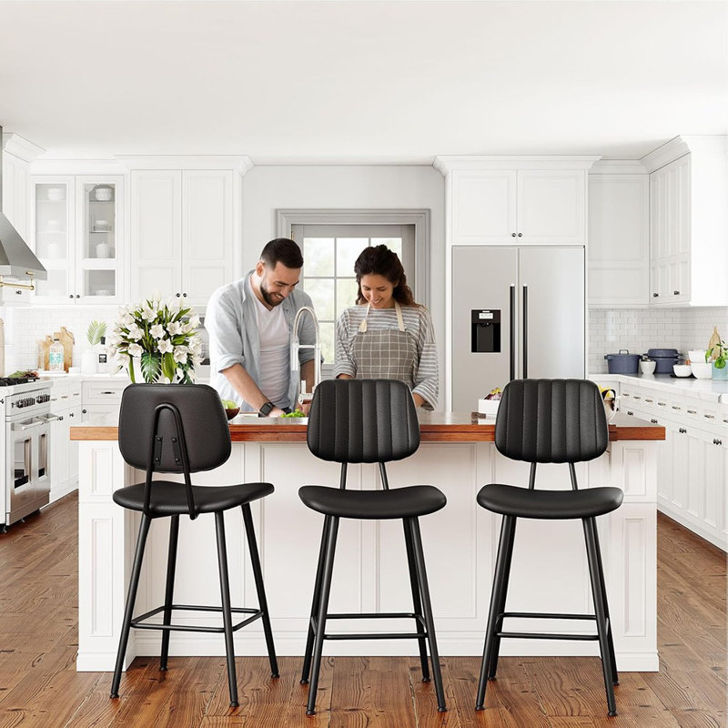 Ensemble de 3 tabourets de bar en cuir - noir - chaises de hauteur comptoir avec dossier haut, pieds en métal robustes, îlot de cuisine et sièges de salle à manger