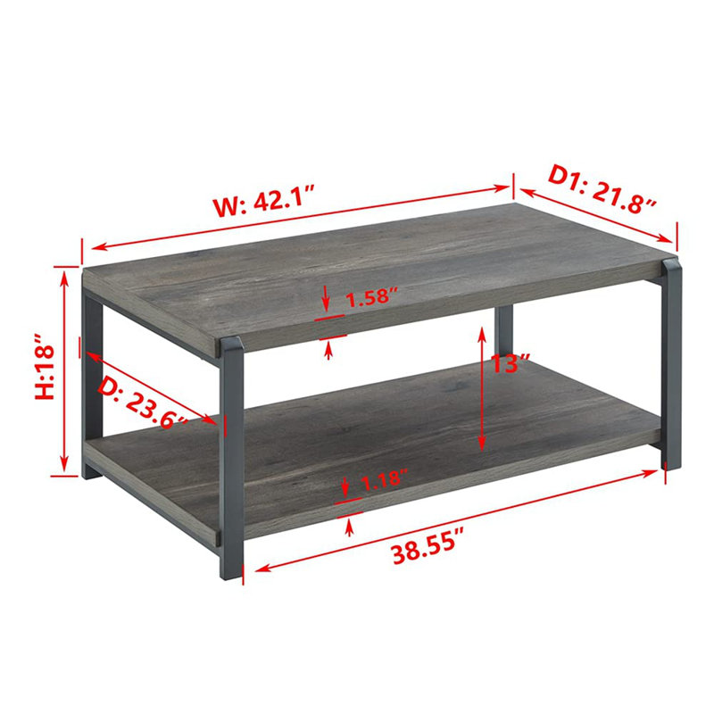 Rustic Grey Wood and Black Metal Coffee Table with Storage Shelves
