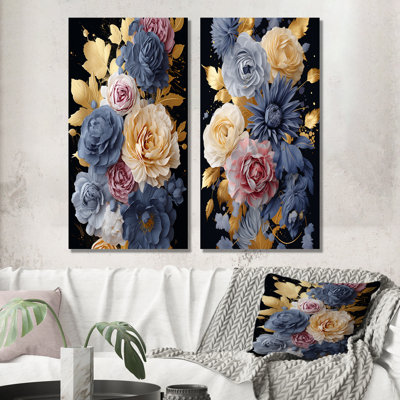 Ensemble de 2 décorations murales dorées et bleues Elegance I - Rose