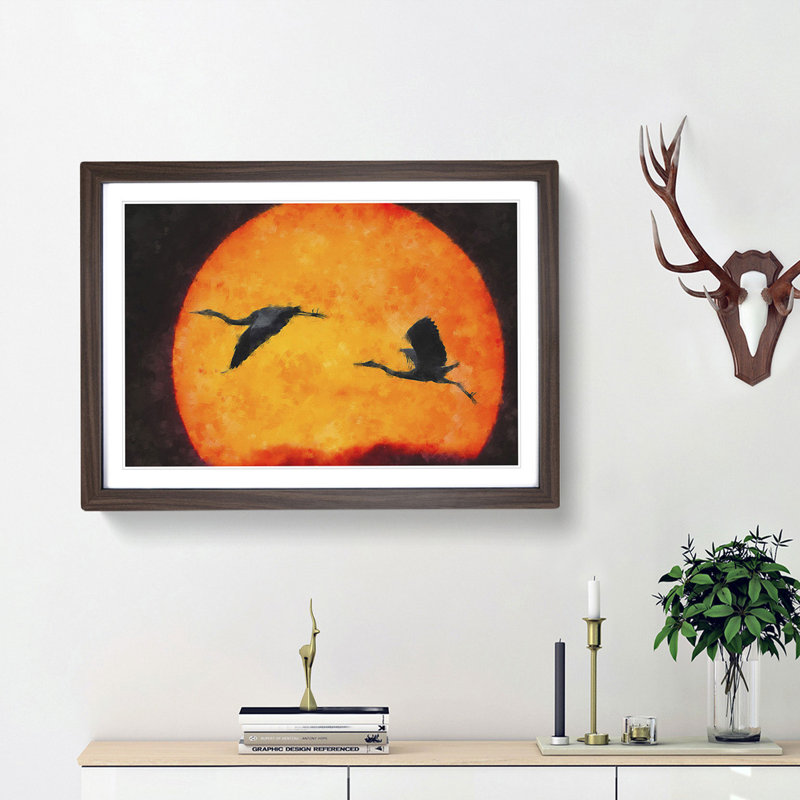 Two Heron Birds in Flight - Picture Frame Graphic Art Print, 62cm H x 87cm W x 2cm D, Walnut Framed