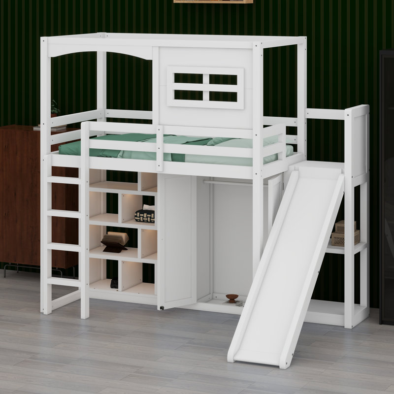 Lit mezzanine avec garde-robe, tablettes de rangement