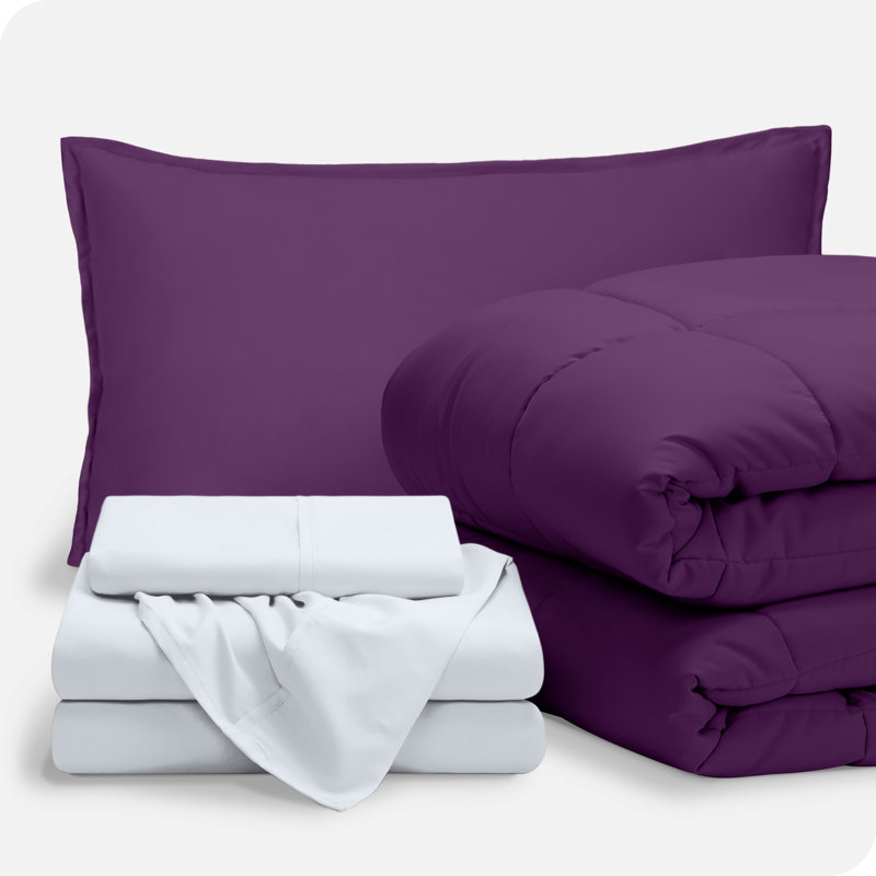 Lit dans un sac en microfibre 1800 de qualité supérieure 1800, Édredon simple TG et 4 pièces supplémentaires, Prune / blanc