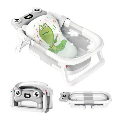 Collapsible Baby Bathtub for infants to toddler, Newborn Bathtub with Soft Floating Cushion, Thermometer and Drain Hole, Baby Shower Gifts
