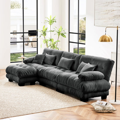 Gray Chenille Luxury Modular Sectional 3 - Seat Couch, Oversized L Shaped Cloud Couch With Throw And Waist Pillows, Convertible , Comfortable Bolster Pillows Deep For Living Room Movable Exquisite