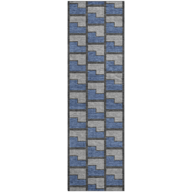 Premium Machine Washable Mayfield AMF2416 Geometric Rug, 2'3" x 7'6" Runner, Navy