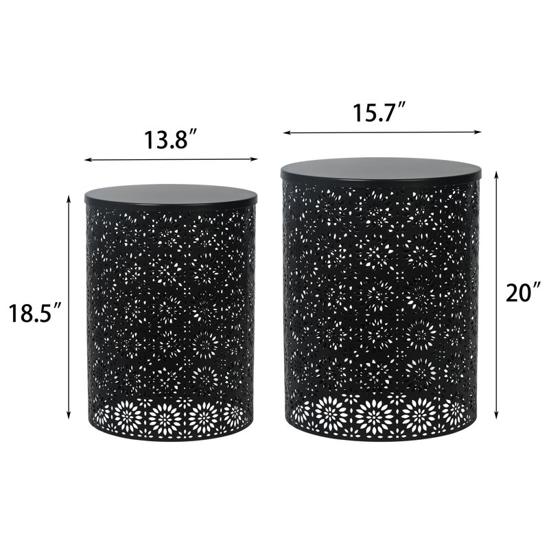 Set Of 2 Hollow-Carved Round Metal End Tables, Black