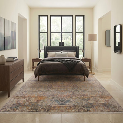 Tapis de couloir beige traditionnel oriental en polyester tissé à la machine