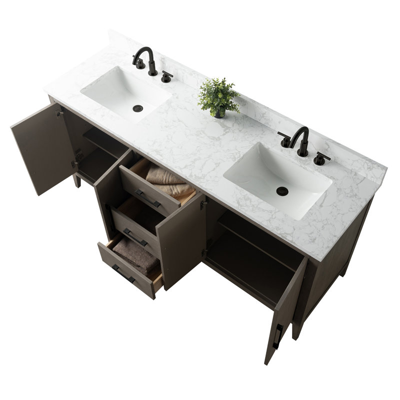 Meuble-lavabo double 72 po avec plateau en marbre, Noir mat, Bois flottant gris