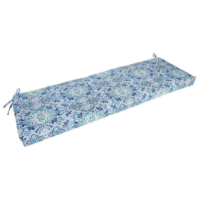 Outdoor Bench Cushion, 63" W x 19" D, White/Blue/Fiorella Baltic Moroccan