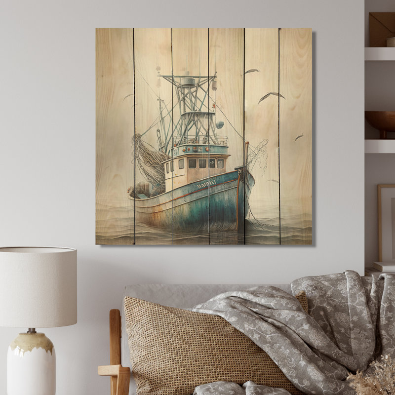 Bateau de pêcheur sur l'océan II - impression sans cadre sur bois, H 36 po x l 36 po x P 1,5 po