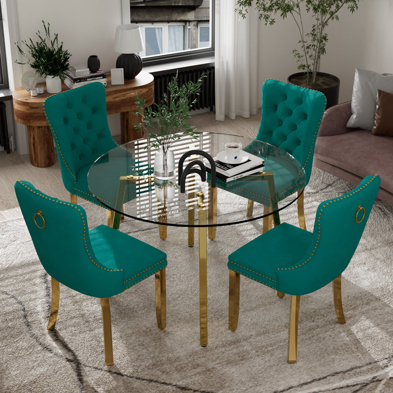 Ensemble de table de salle à manger ronde en verre, Vert, Doré, 5