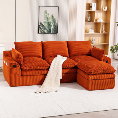 Canapé modulaire en forme de L, canapé modulaire en velours côtelé rembourré avec repose-pieds mobile, 3 coussins et 2 coussins lombaires, coussins de siège amovibles