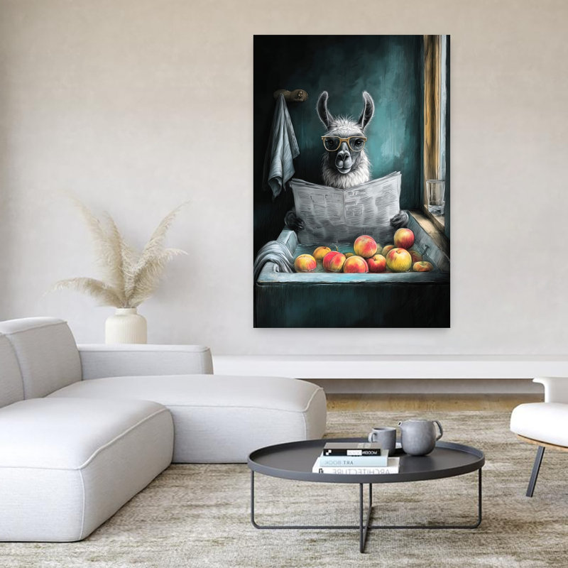 Lama In Bathtube 2 1 Piece Wrapped Canvas Wall Art, 152.4 cm H x 101.6 cm W